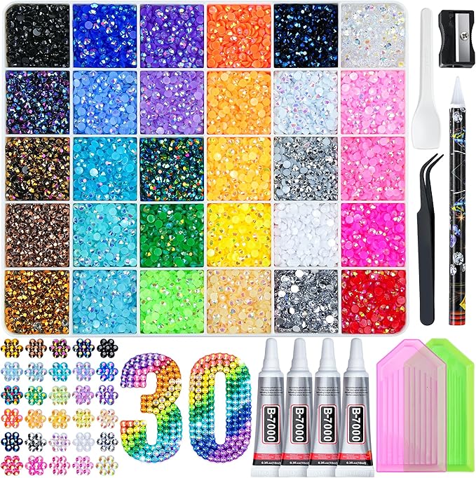 Resin Art All - Harz-Strass-Set, 30 Farben 3mm Flache Strasssteine